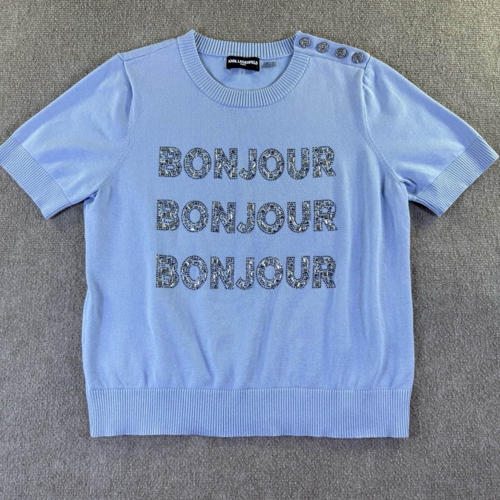 Karl Lagerfeld Paris Blue Womens Bonjour Embellished Sweater Tee Size L